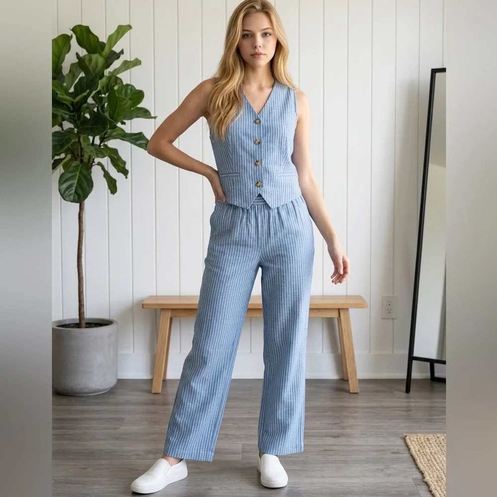 Wren Women’s Light Blue Striped Vest & Wide-Leg Pants Set